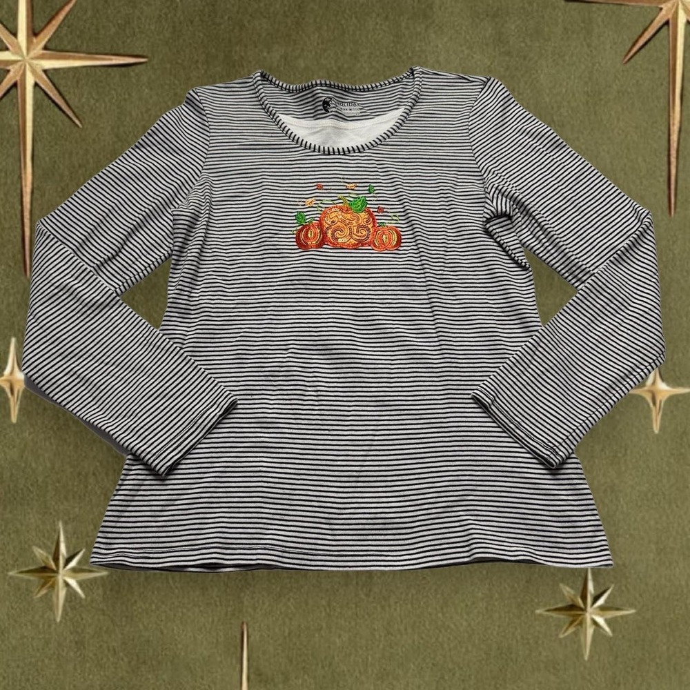 Holiday Editions Halloween Pumpkin Sequin Stripe Long Sleeve Shirt Womens Small